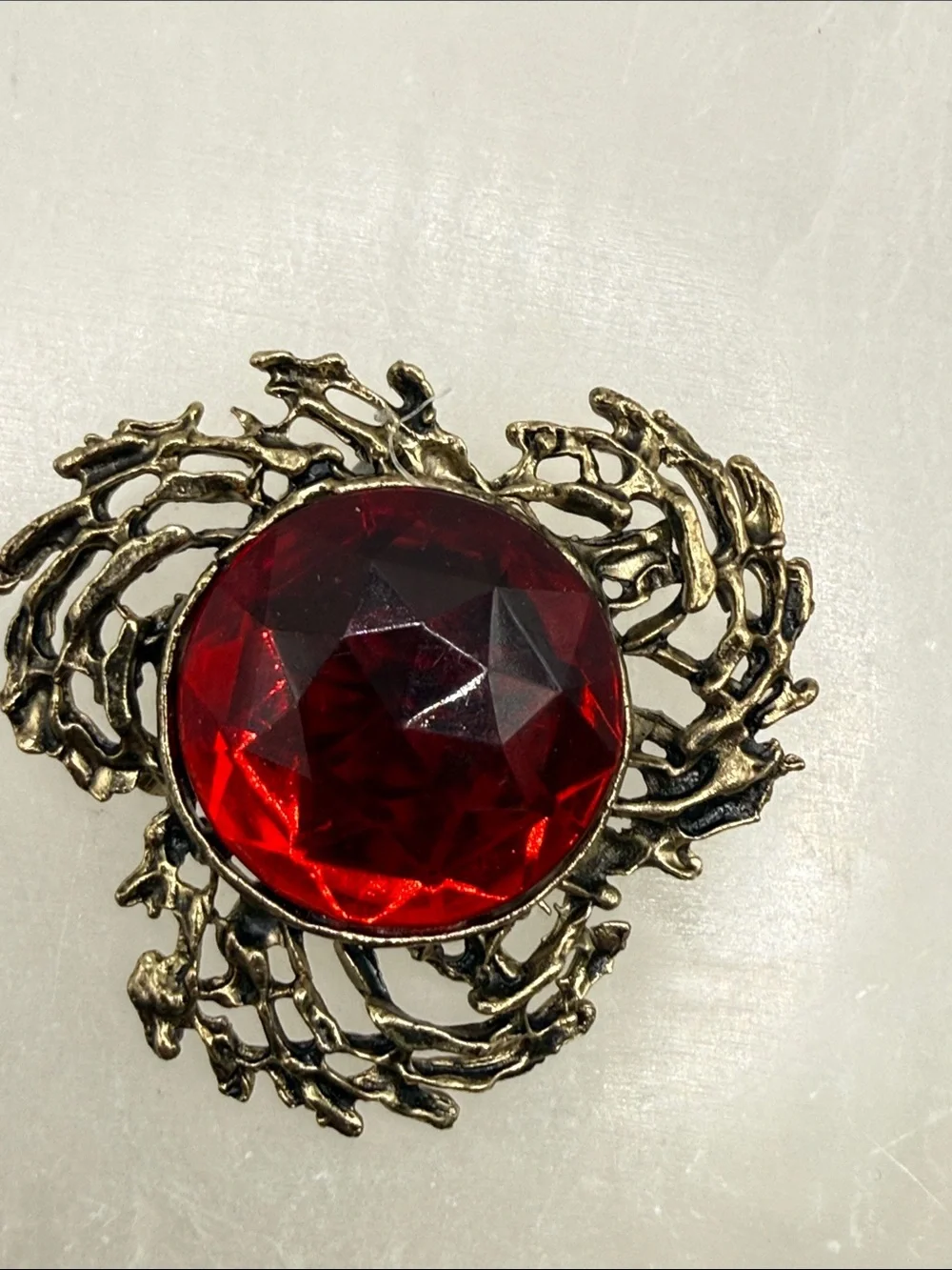 Faceted Antique-Style Red Stone Brooch in Aged Gold Tone metal brutalist dome
